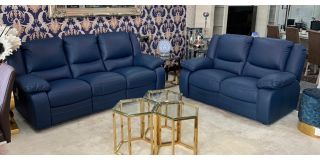 Virginia Blue Semi Aniline Electric 3 Seater Newtrend Recliner Plus 2 Static Sofa Ex-Display Showroom Model