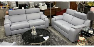 Bari Electric 3 Seater Recliner With Static 2 Seater Blue Semi Aniline Leather and Adjustable Headrests