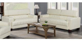 Milano Cream Bonded Leather 3 + 2 Sofa Set With Adjustable Headrests And Wooden Legs