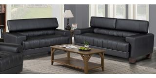 Milano Black Bonded Leather 3 + 2 Sofa Set With Adjustable Headrests And Wooden Legs