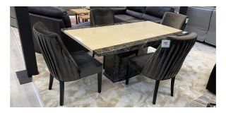 1.8m Cream And Brown Marble Top And Base Dining Table With 4 Brown Plush Velvet Chairs(W53cm D67 H95)