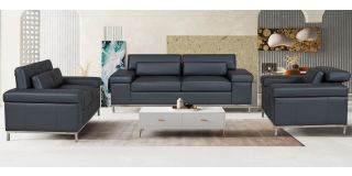 Texas Grey Bonded Leather 3 + 2 + 1 Sofa Set With Adjustable Headrests And Chrome Legs