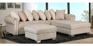Veronica Beige RHF Fabric Corner Sofa And Footstool With Scatter Back And Chrome Legs