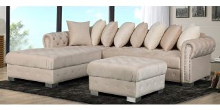 Veronica Beige LHF Fabric Corner Sofa And Footstool With Scatter Back And Chrome Legs