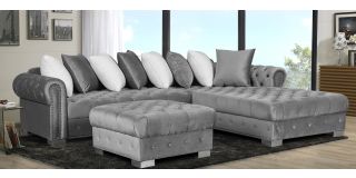Veronica Silver RHF Fabric Corner Sofa And Footstool With Scatter Back And Chrome Legs