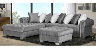 Veronica Silver LHF Fabric Corner Sofa And Footstool With Scatter Back And Chrome Legs