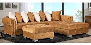 Veronica Coffee RHF Fabric Corner Sofa And Footstool With Scatter Back And Chrome Legs