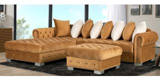 Veronica Coffee LHF Fabric Corner Sofa And Footstool With Scatter Back And Chrome Legs