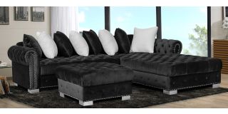 Veronica Black RHF Fabric Corner Sofa And Footstool With Scatter Back And Chrome Legs