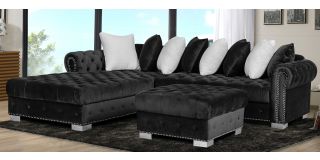 Veronica Black LHF Fabric Corner Sofa And Footstool With Scatter Back And Chrome Legs