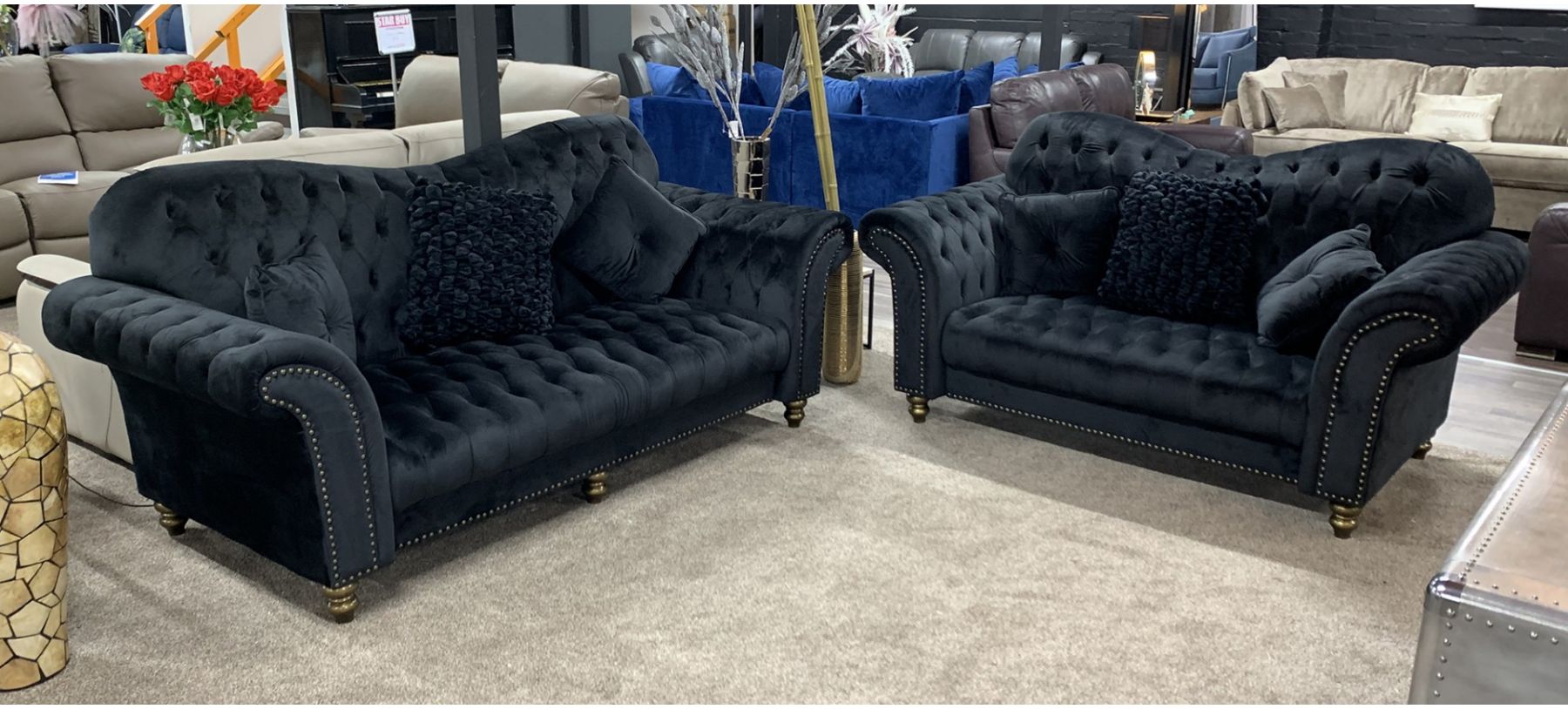 Sofa Set Studded Round Arms, Studded Leather Couch