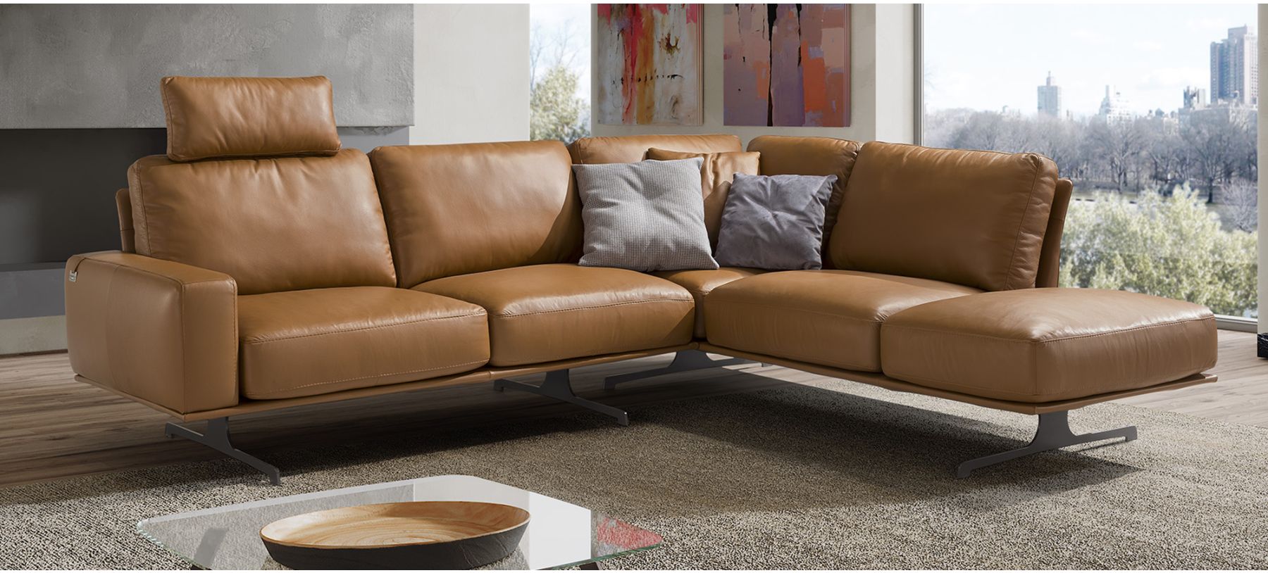 Nuvolari Rhf Tan Leather Corner Sofa