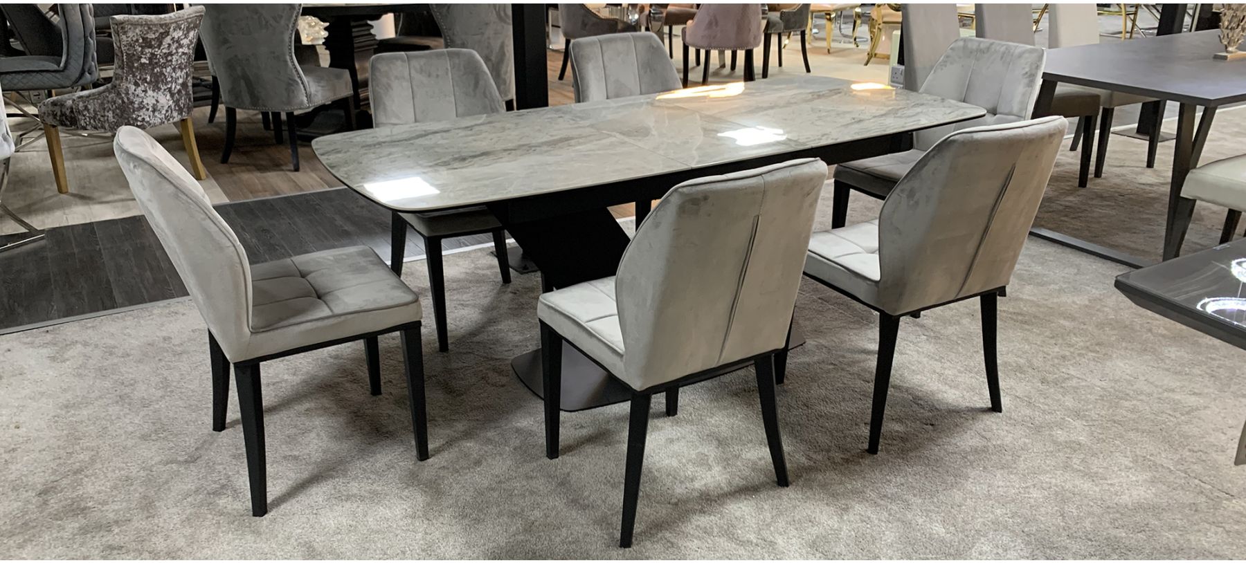Ravel 2m Ceramic Extending Dining Table With 6 Grey Fabric Chairs