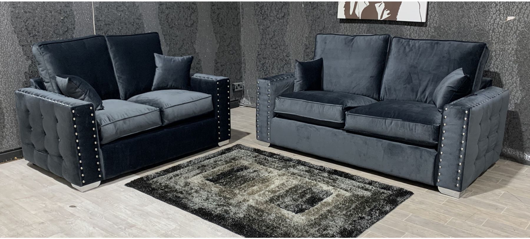 bronce Una efectiva autopista Grey 3 + 2 Studded Square Arm Plush Velvet Sofa With Chrome Legs | Leather Sofa World bronce Una efectiva autopista Grey 3 + 2 Studded Square Arm Plush Velvet Sofa With Chrome Legs | Leather Sofa World