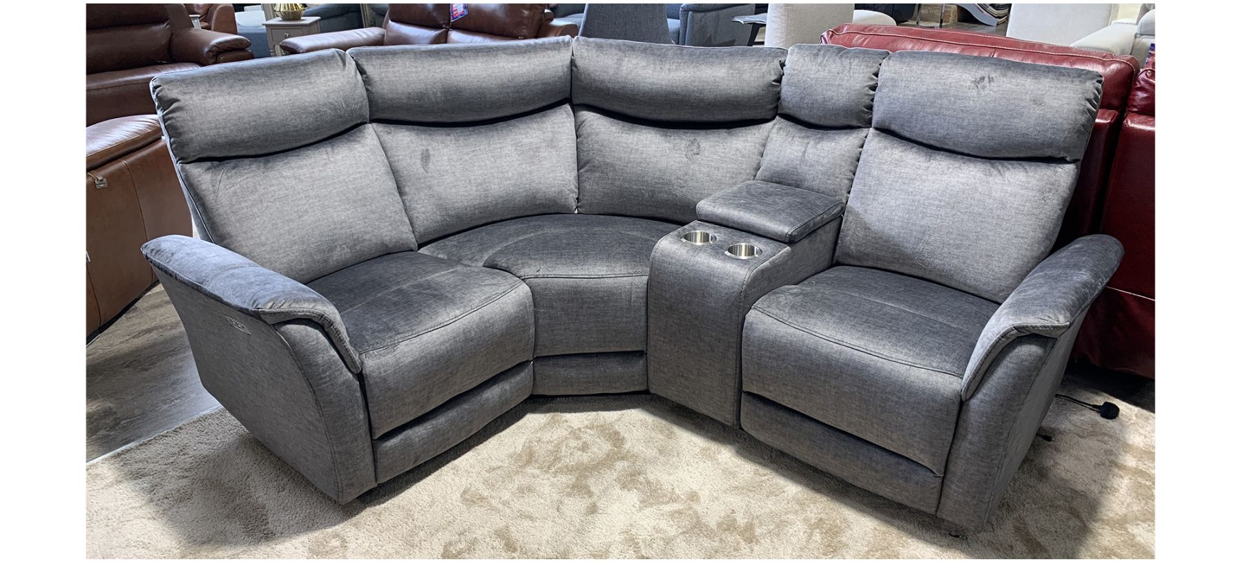 Fabric corner recliner deals sofa with cup holders