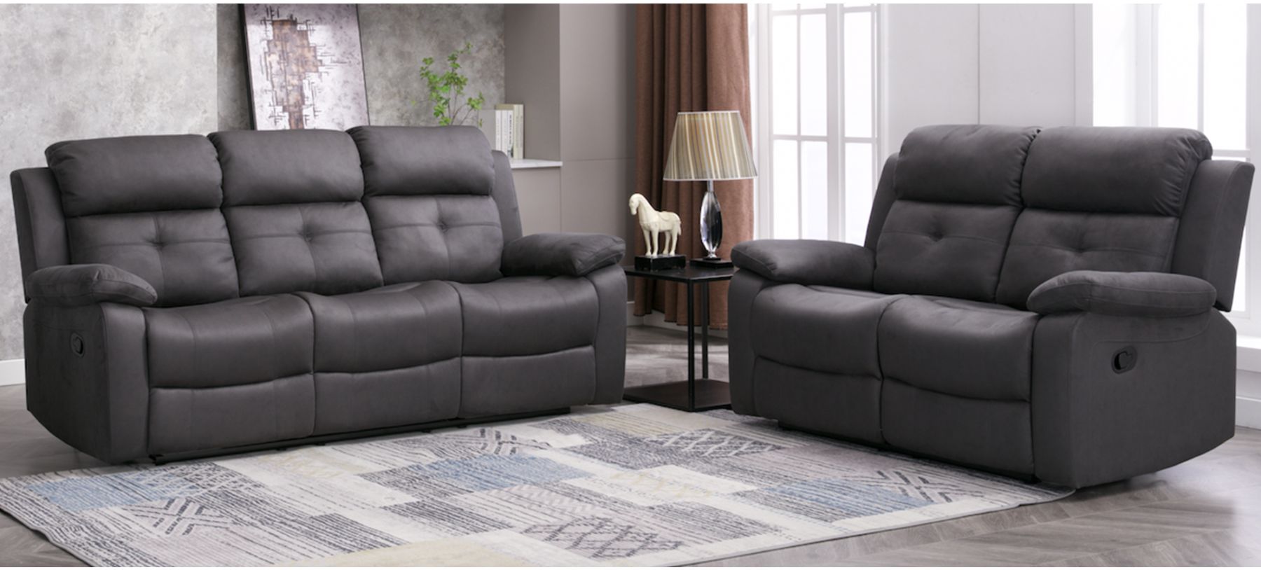 Robert 3 2 Grey Hard Wearing Fabric High Back Manual Recliner Sofa Set