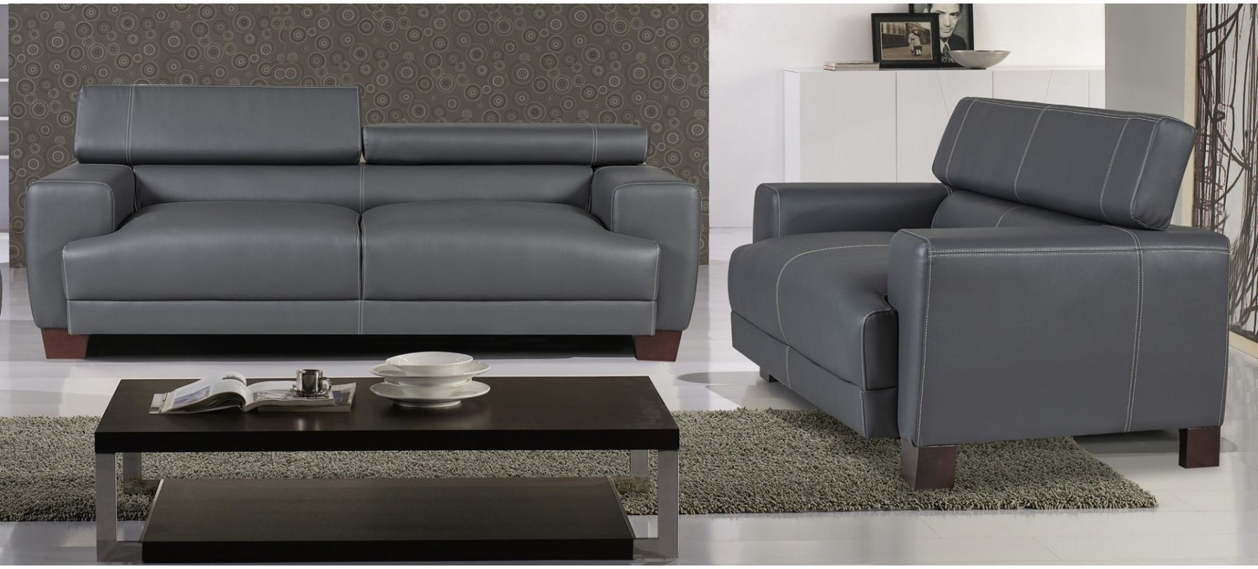 Grey leather sale sofa set