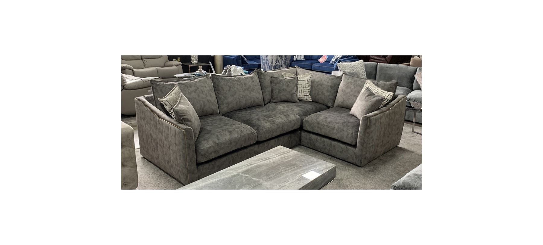 Blaise Fabric Corner Sofa RHF Grey Buffalo Suede With Gold Trim