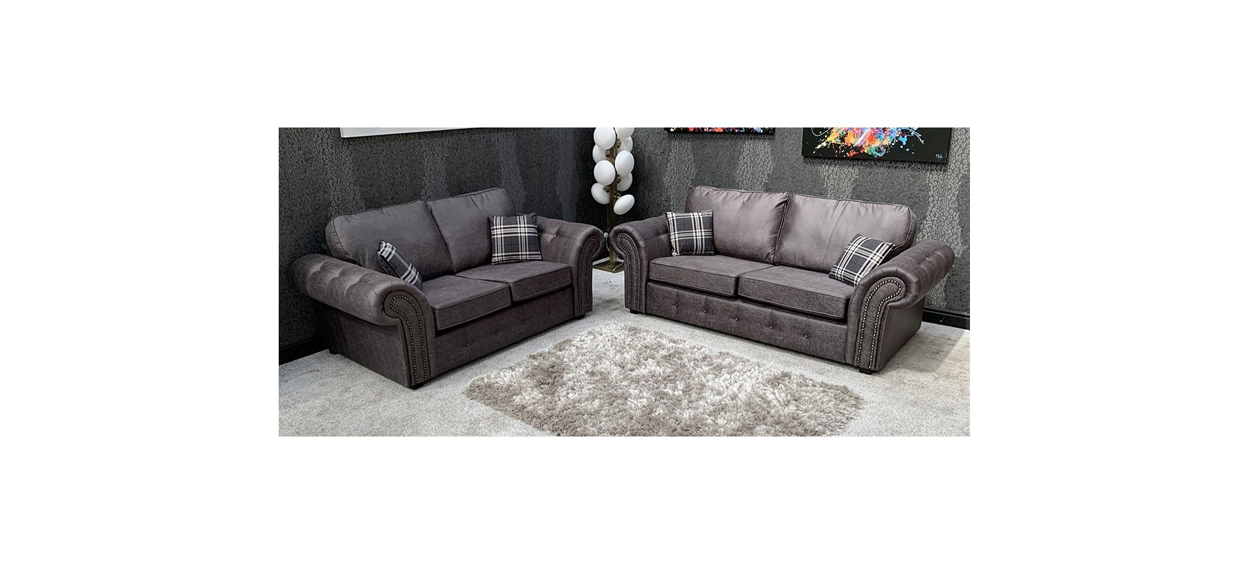 Oakland Fabric Sofa Set 3 2 Seater Grey With Studded Arms And Cushions