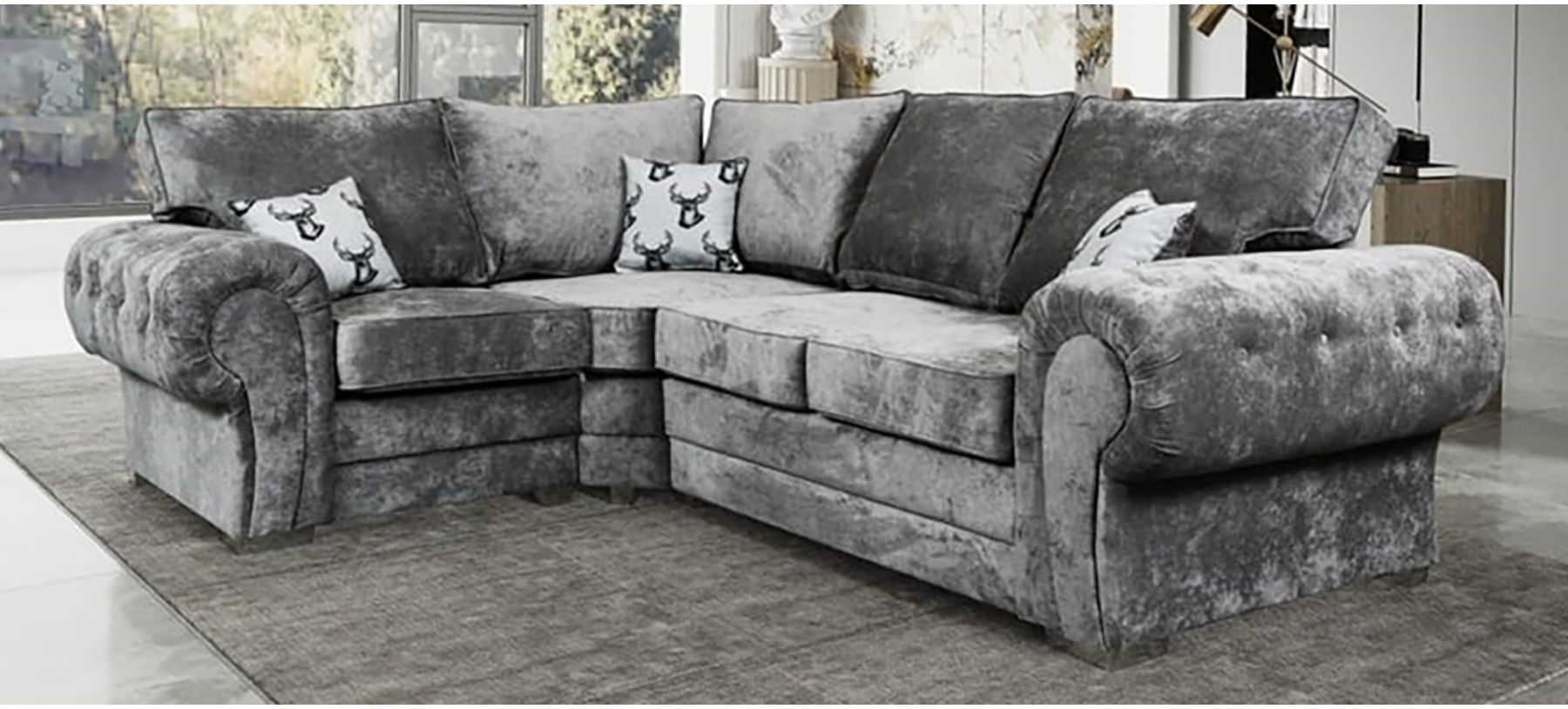 Verona Grey LHF Formal Back Fabric Corner Sofa With Chrome Legs