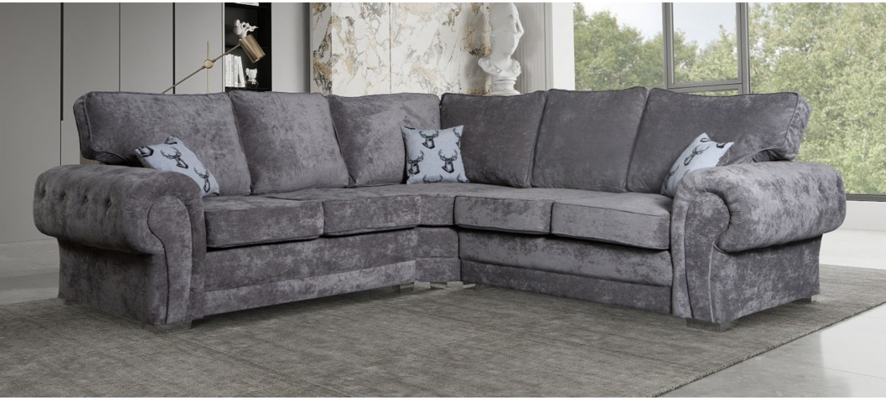 Verona Grey 2C2 Formal Back Fabric Corner Sofa With Chrome Legs | Leather  Sofa World