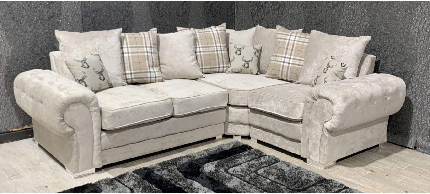 Verona Mink RHF Scatter Back Fabric Corner Sofa With Chrome Legs